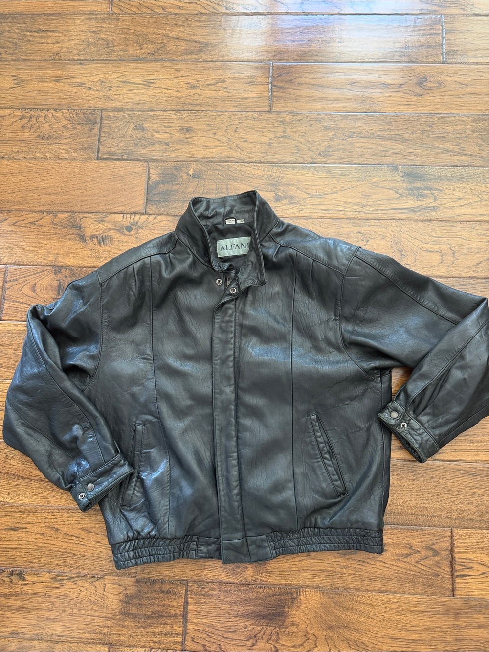 Alfani Black Leather Bomber Jacket with Snap Collar